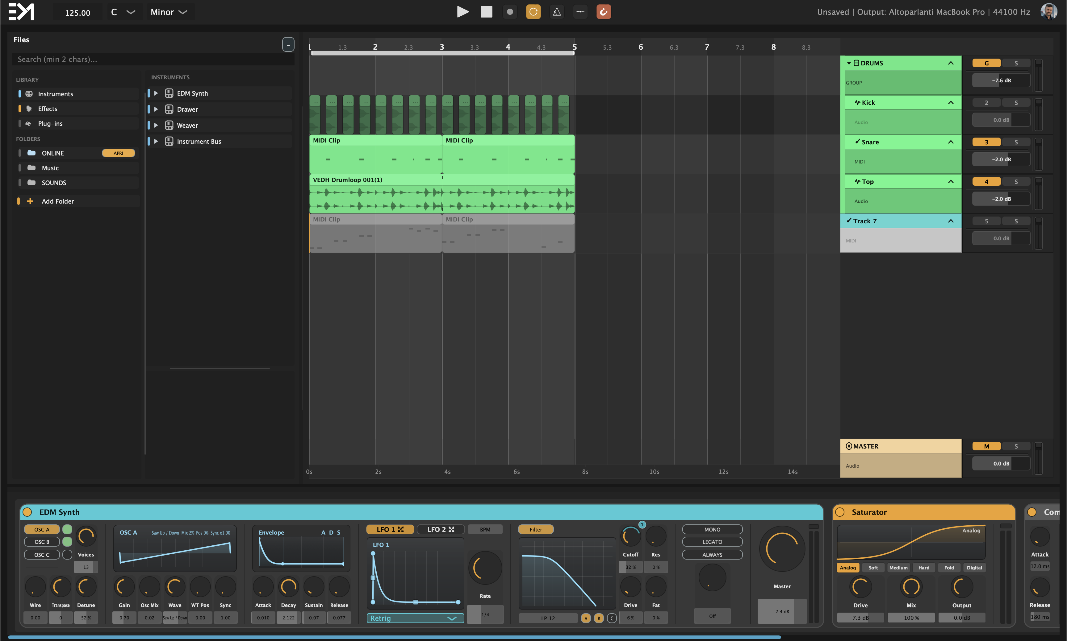Sessione DAWTONE con timeline e device aperti