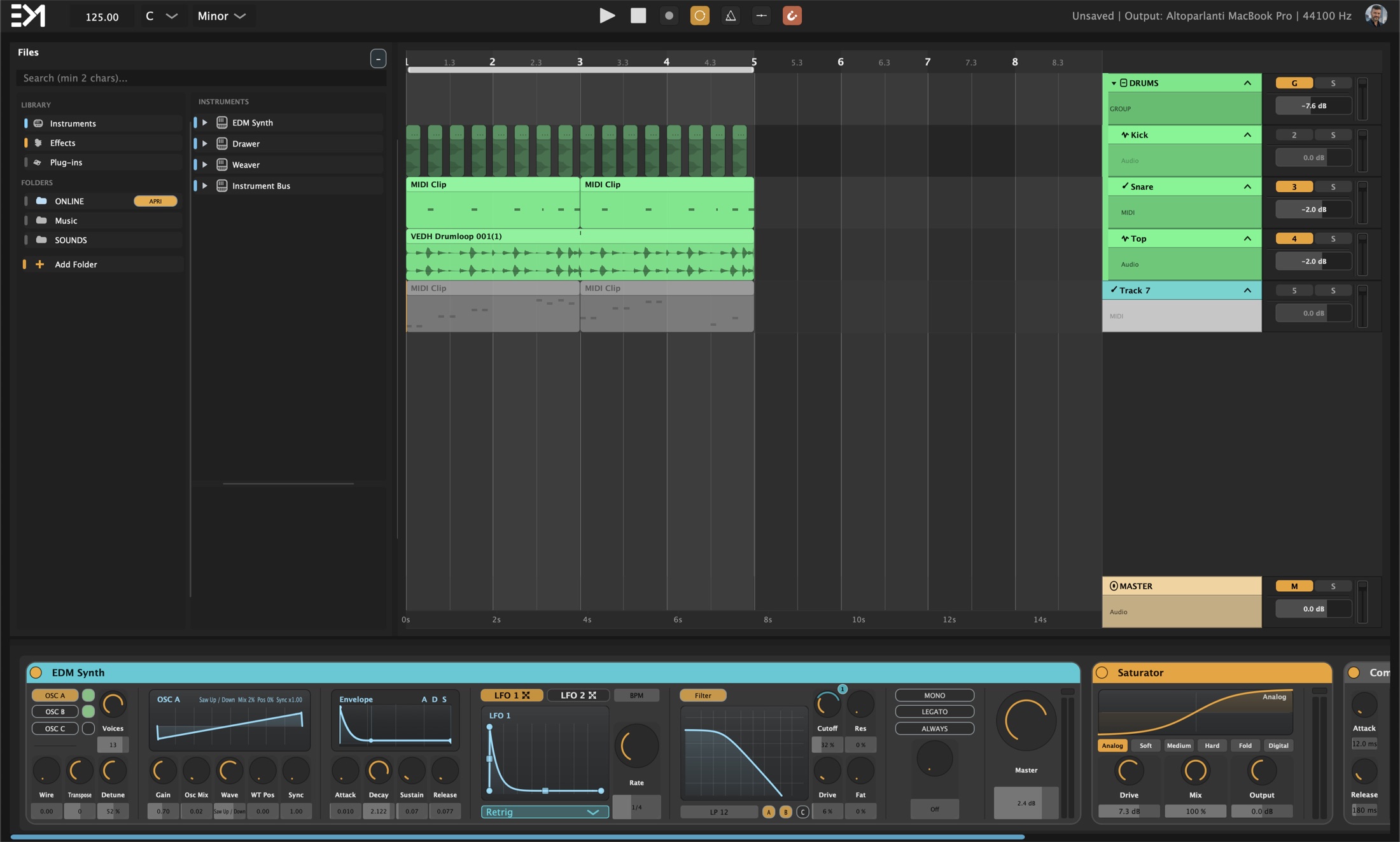 Interfaccia generale di DAWTONE con browser, timeline, mixer laterale e device panel